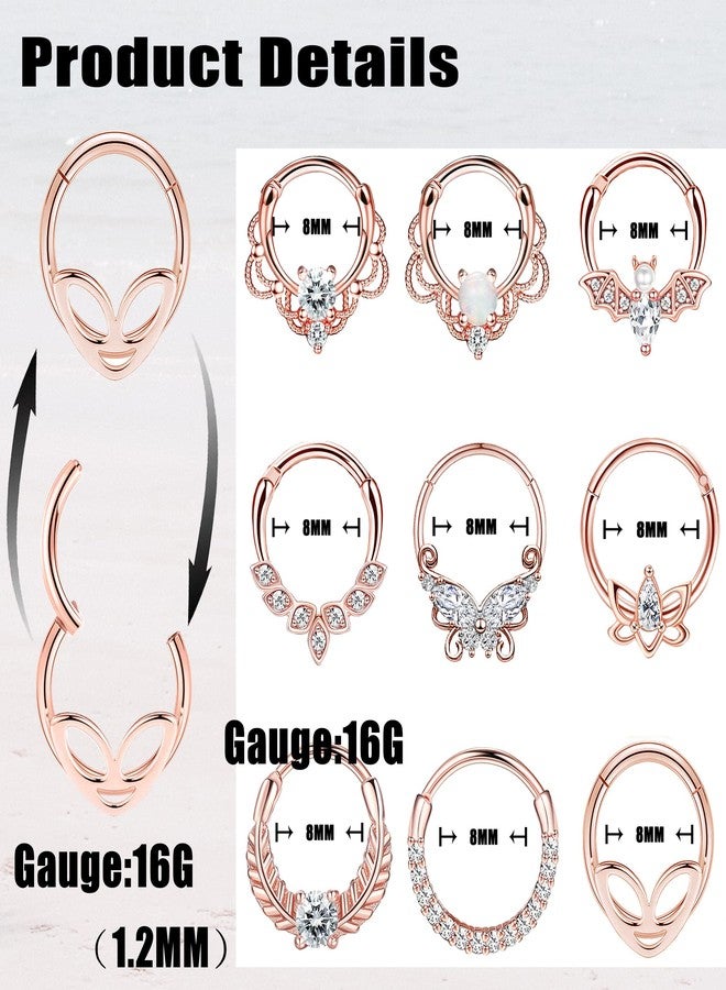 Staligue 9Pcs 16G Septum Clicker Rings Stainless Steel Hoop Hinged Segment CZ Opal Nose Rings for Women Cartilage Tragus Hoop Helix Daith Earrings Nose Piercing Jewelry 8MM - Image 2